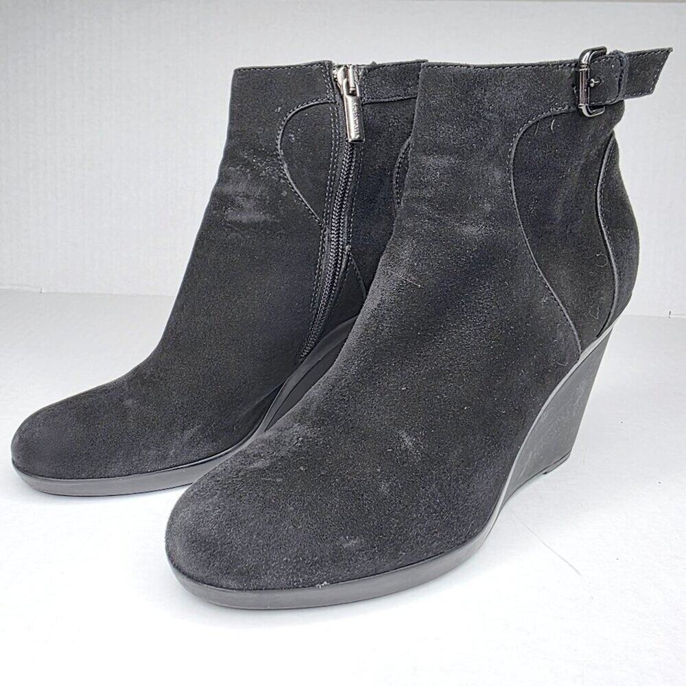 Aquatalia Black Suede Wedge Ankle Boots Italian Designer Booties Side Zip 7.5